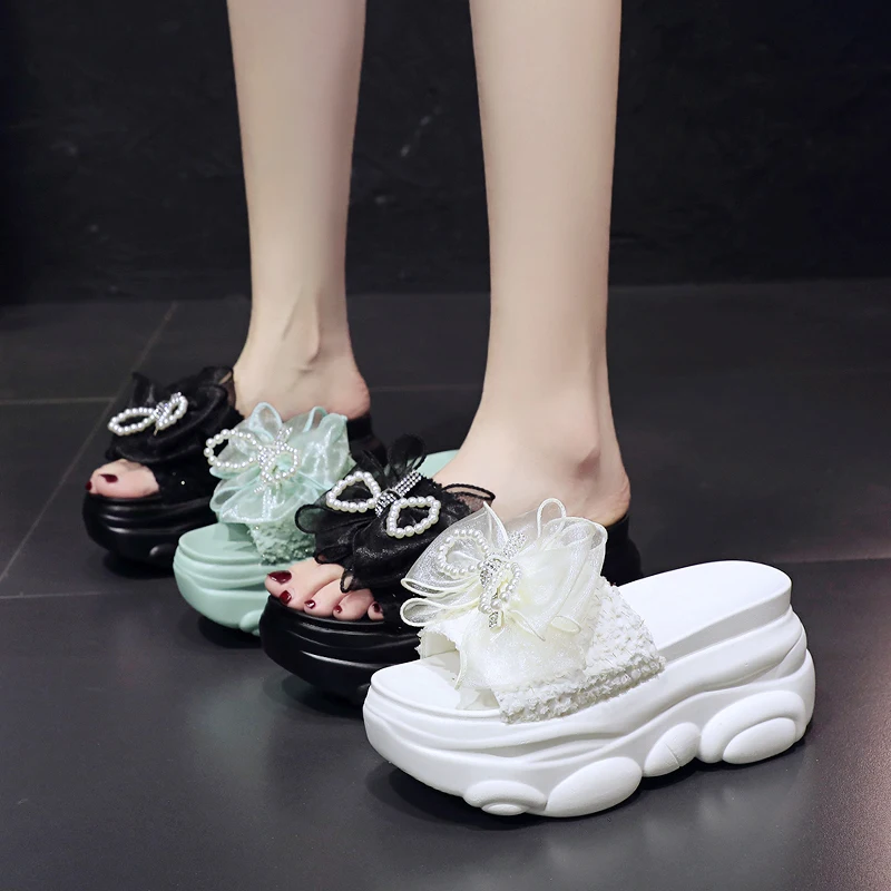 

House Slippers Platform Shoes Woman 2021 Butterfly-Knot Pantofle Heeled Mules Flat Rubber New Soft Summer High Floral PU Slides