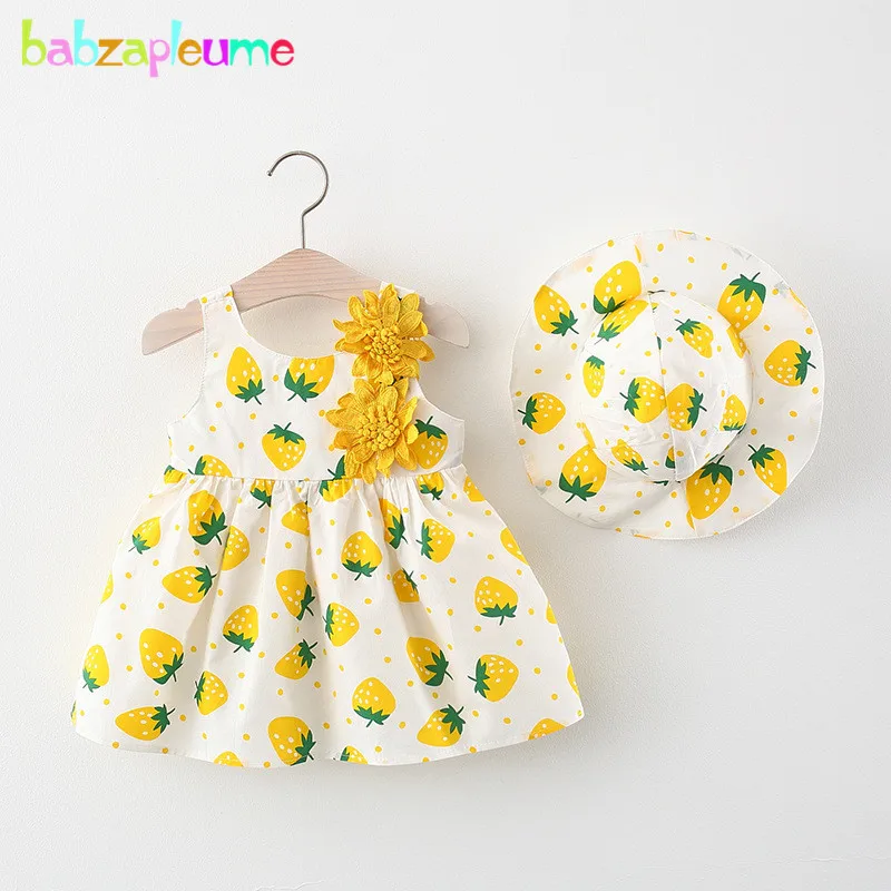 

2Piece Toddler Girls Summer Clothes Cartoon Cute Strawberry Flowers Sleeveless Cotton Baby Beach Princess Dress+Sunhat BC2029-1