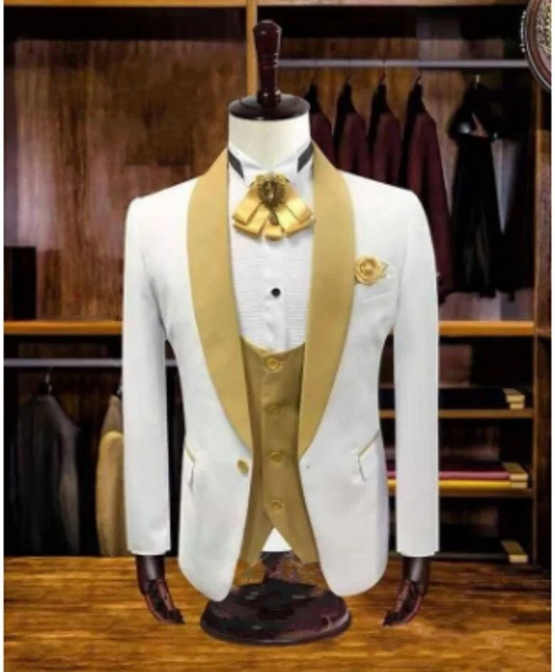 

New Arrival Ivory Groom Tuxedos Shawl Collar Man Business Suit Wedding Party Blazer Waistcoat Trousers Sets (Jacket+Pants+Vest)