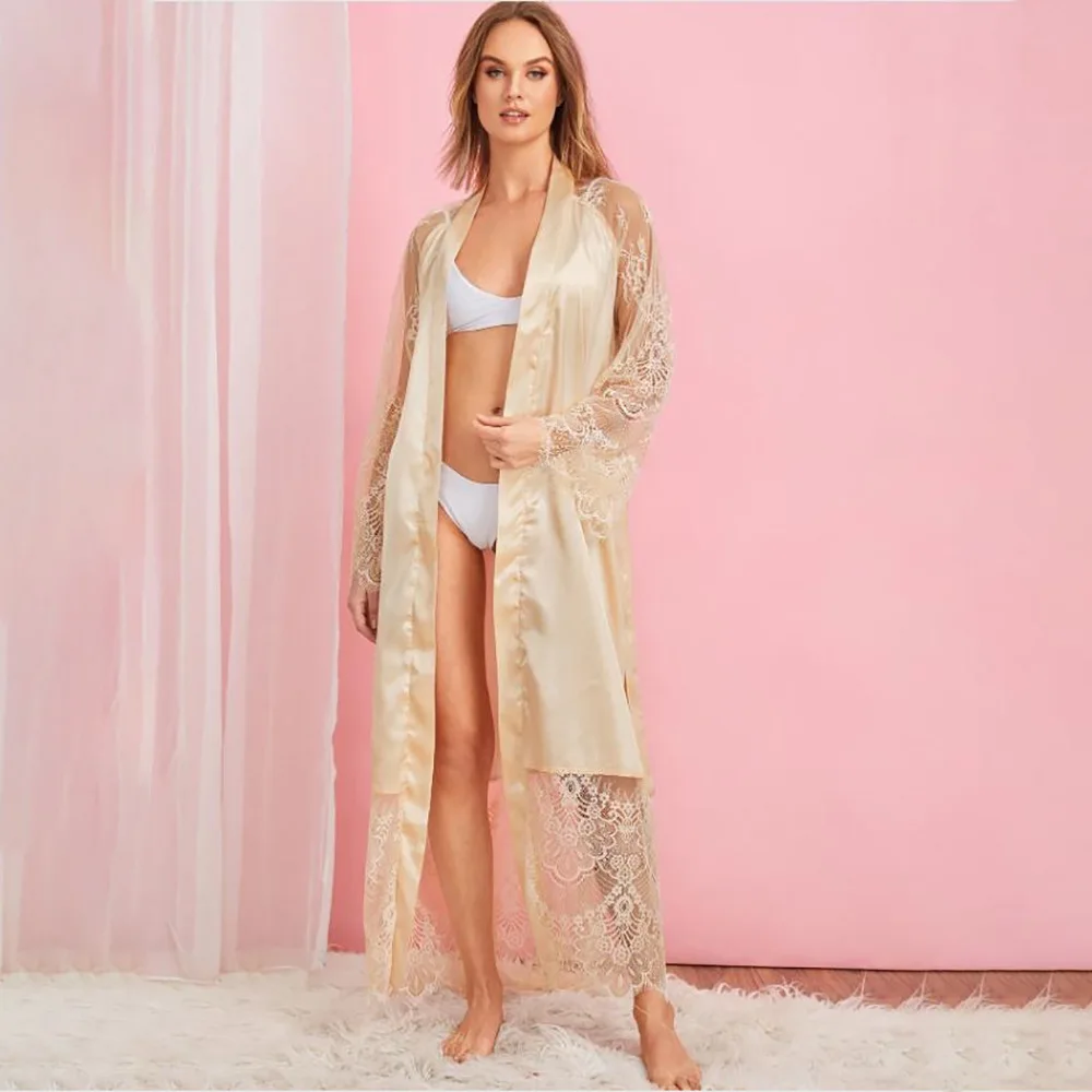 

Женское пикантное длинное кимоно, кружевной банный халат, нижнее белье, ночная рубашка из вискозы, Однотонная ночная рубашка, ночная сорочк...