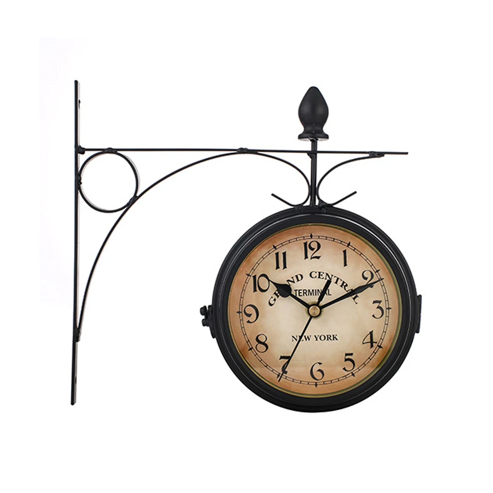 

Wrought Iron Antique-Look Round Wall Hanging Double Sided Faces Retro Station Clock Chandelier Wall Hanging Clock