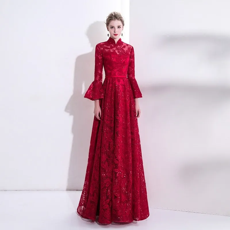 

Burgundy Evening Dress High Neck Sequins Appliques A-Line Empire Full Sleeves Ruched Floor-Length Woman Formal Party Gowns A1269