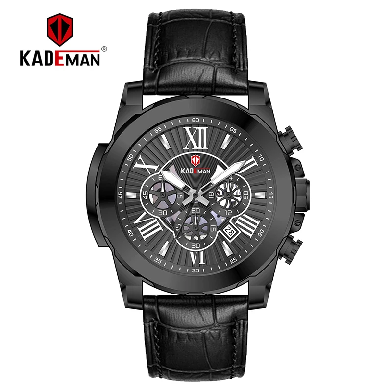B-W-B Роскошные Брендовые мужские часы KADEMAN, 6 стрелок, с хронографом, календарем, римскими цифрами, модные мужские кожаные кварцевые наручные часы 848 - Цвет: B-W-B