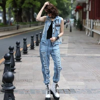 Streetwear Summer Casual Matching Set Outfit Women Splice Mesh Hollow Out Sleeveless Denim Vest Hole Ripped Loose Harem Jeans