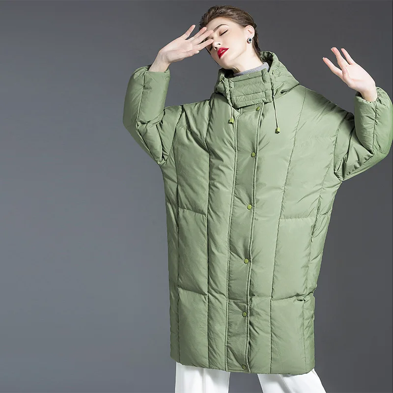 

White Duck Down Jacket hooded Women's fashion Mid-length loose large size ultra light cocoon down coat hooded women 20321