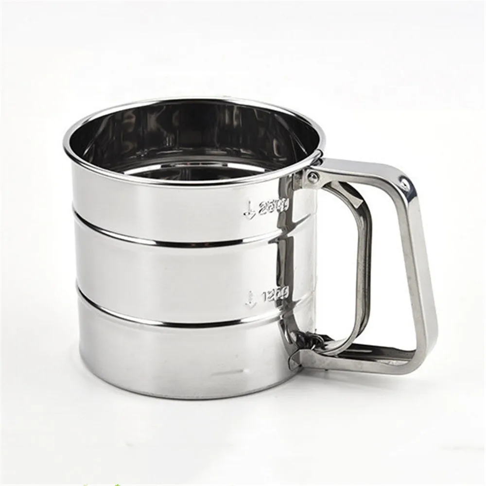 

Stainless Steel Sieve Cup Mesh Crank Flour Sifter with Measuring Scale for Flour Icing Sugar Baking Tools Pastry Tools Cup