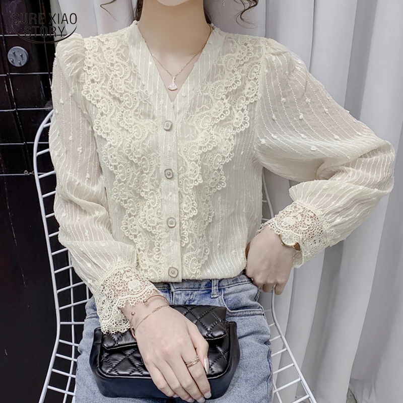

Autumn Hollow Out Flowers Women's Long Sleeve Tops French Gentle V-neck Lace Blouses Women Ruffle Stitching Apricot Shirts 16652