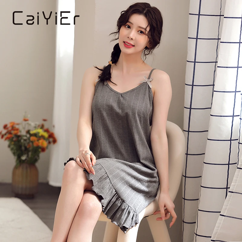 AIYIER Women Nightgowns Summer Solid Color Sexy Sleepwear Sleeveless Sling Night Wear Female Dress Girls Cotton Nightdress M-3XL