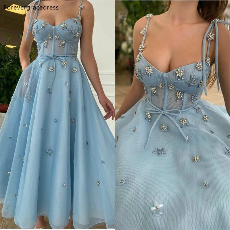 

Light Sky Blue Prom Dress Spaghetti Strap Crystals Occasion Event Wear Party Gowns Custom Made Plus Size Available