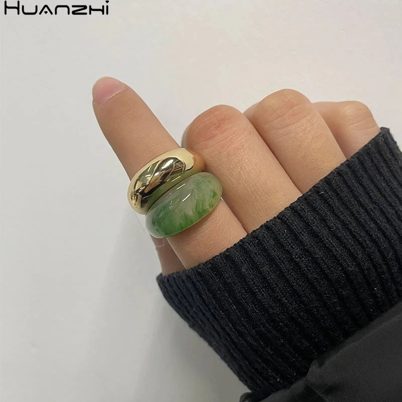 Кольца женские HUANZHI золотистые разноцветные из акриловой смолы геометрические