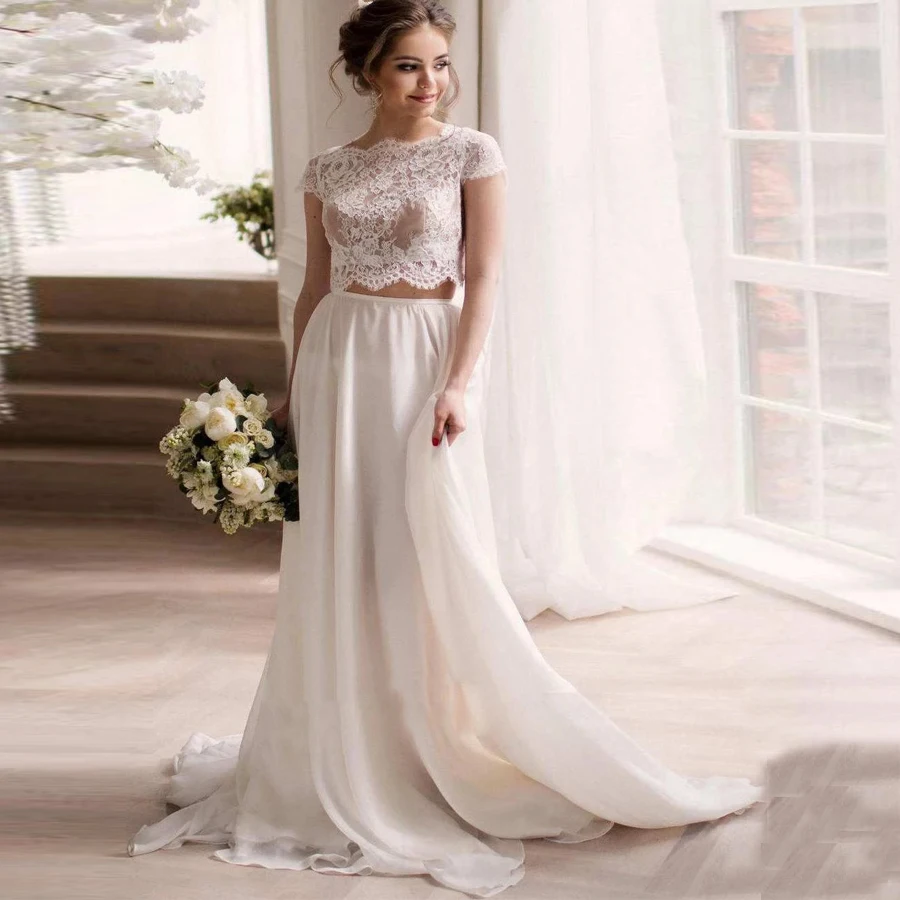 

Jiayigong Crop Top Wedding Dresses O-neck Short Sleeves Illusion Lace Chiffon Beach Two Piece Wedding Dress Robe De Mariage