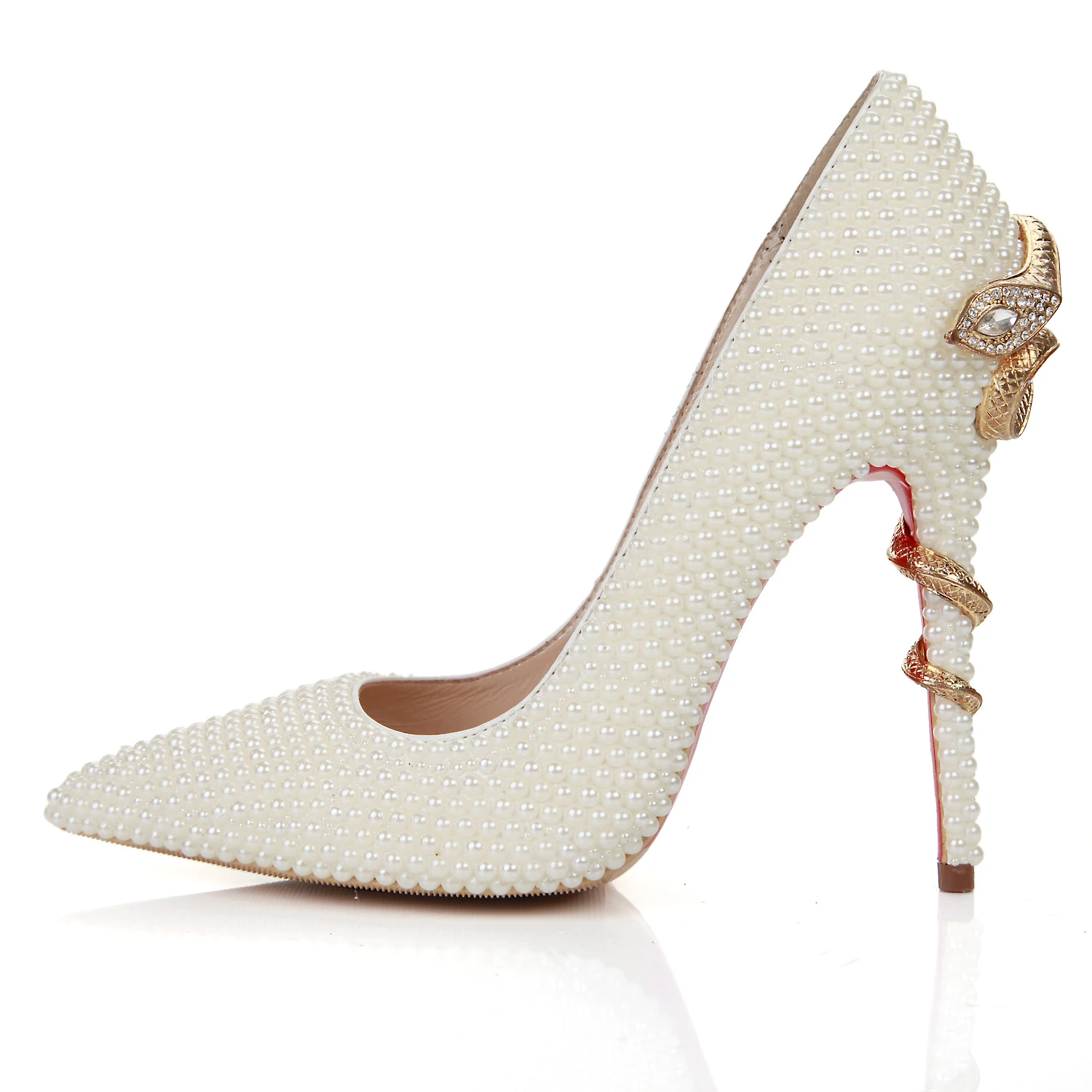 

Женские свадебные туфли Стразы с жемчужинами, туфли-лодочки с металлическим змеиным узором, женские вечерние туфли-лодочки с острым носком ...