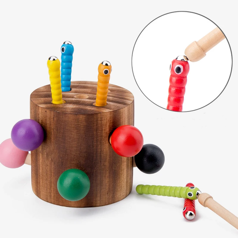 

Montessori Catch Worms Game Magnetic Wooden Toys For Children Kids Early Educational Toy Baby Learning Wooden Blocks Boys Toys