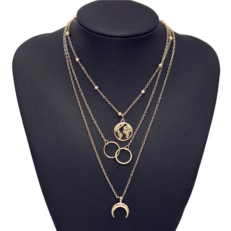 3 шт./компл. Женская мода Луна карта мира круг кулон многослойное серебряное