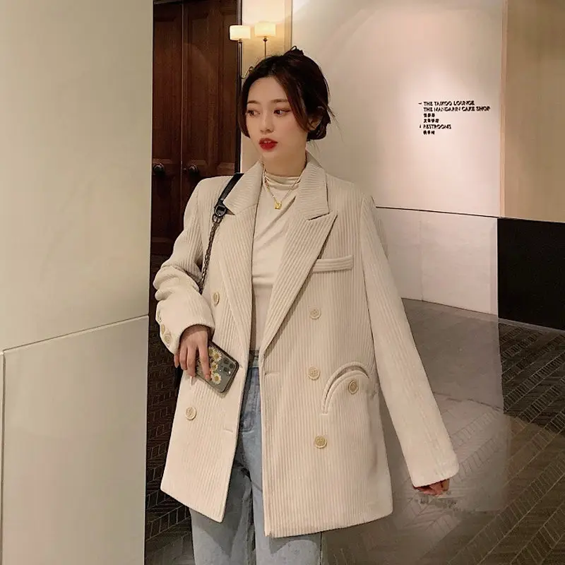 

Spring 2021 New Korean Loose Chenille Thick Casual Suit Jacket Women's Wild Mid-Length Double Breasted Vintage Blazer Fall y1531
