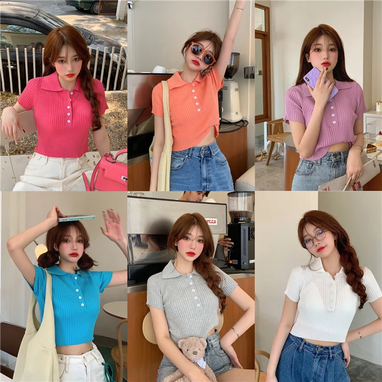

Ppshd Spring/Summer Korean Retro Style Fashionable Polo Collar Button Knitted Ribbed Pattern Short Sleeve T-shirt Top Women's 7