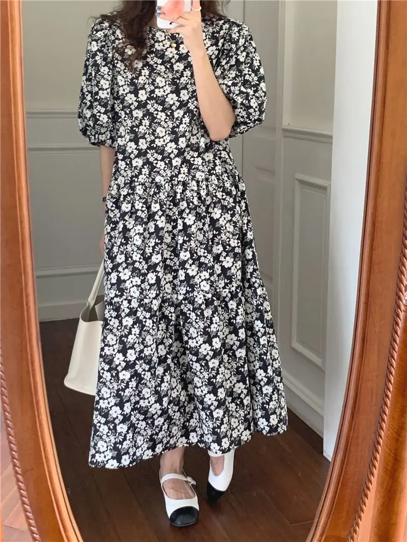 

COIGARSAM Casual Floral Print Women dress Summer Loose Dresses Black Green 6840