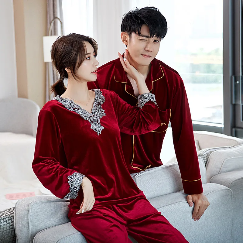 

Autumn Winter Pyjama Loose Women Couple Gold Velvet Long Sleeve Pijama Set Warm Sleepwear Top+ Men Pant Young Lover Pajamas