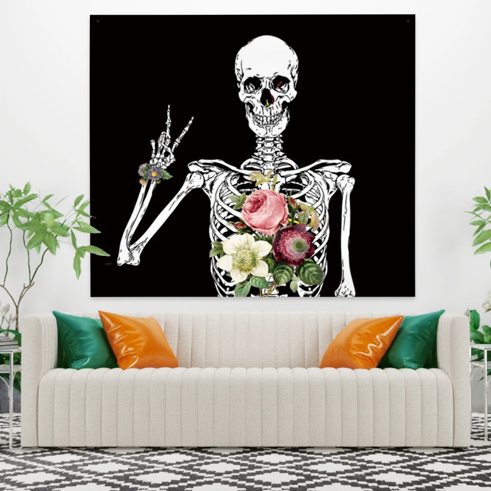 

Laeacco Fashion Tapestry 150x130cm Funny Skull Happy Flower Good Horror Halloween Wall Hangings Room Restaurant Decor Wall Chart