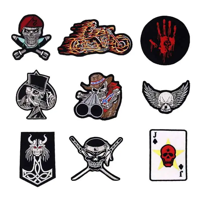 

poker J skull patches Embroidered punk biker Patches Clothes Stickers Apparel Accessories Badge