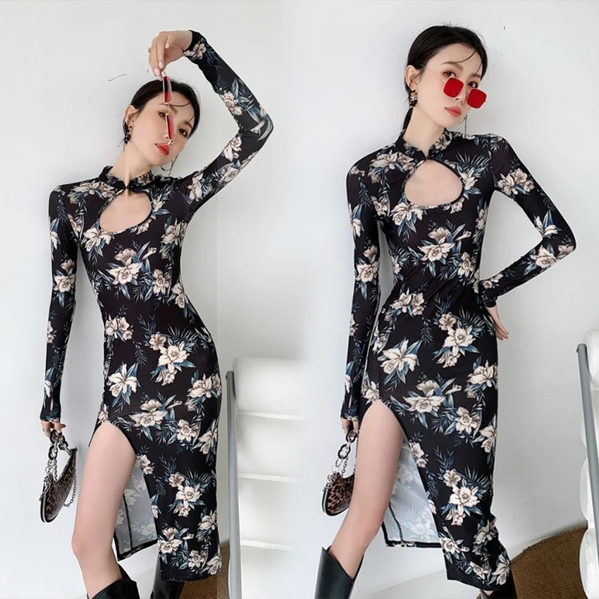 Платье в китайском стиле традиционное пикантное облегающее тонкое винтажное