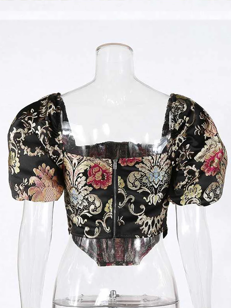 

Sexy Square Collar Puff Sleeve Retro Jacquard Fishbone Waist Irregular Short Style Slim Shirt Ladies Summer New Fashion