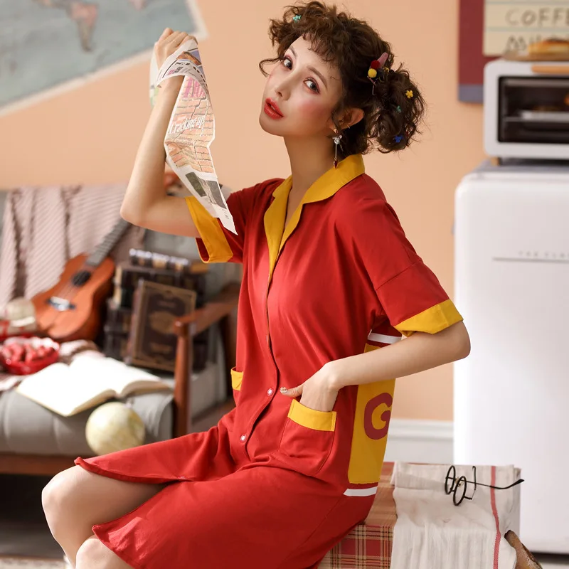 Summer New Style Ladies Short-Sleeved Cardigan Nightdress Fashion Pure Cotton Pajamas Comfortable And Cute Fresh Home Service