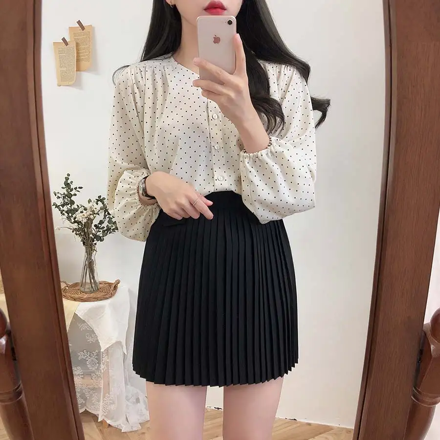 S XL, Новая Винтажная рубашка в горошек, женские топы, женские блузки с длинными рукавами для девочек, большие размеры, осенние женские блузки, femme Blusas