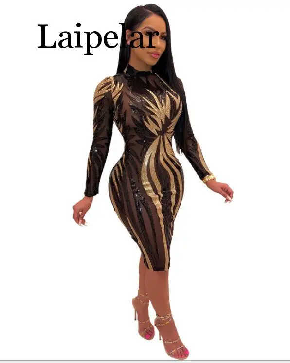 

Laipelar Women Long Sleeve Sequined Bodycon Dress Sexy Club Shining Sparkly Night Out See Through Spring Fall Party Vestido