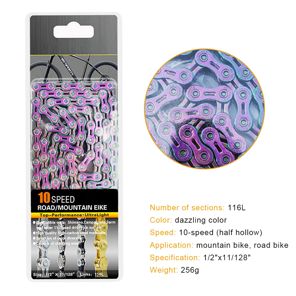 

9/10 Speed Dazzling Color Bicycle Chain Semi-Hollow Bicycle Chain Mountain Road Bike Hollow Chain Super Light 116l Shimano