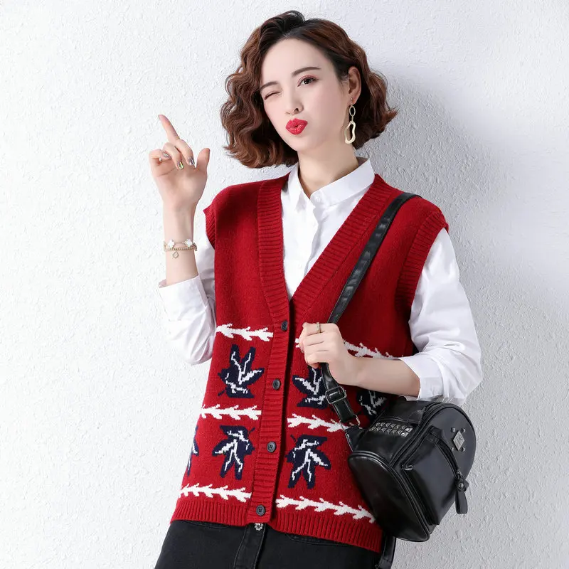 

Autumn Women Textured Knit Vest Navy Blue Camel Red V-Neck Low Button Single-Breasted Sleeveless Knitwear Leisure Wasitcoat New