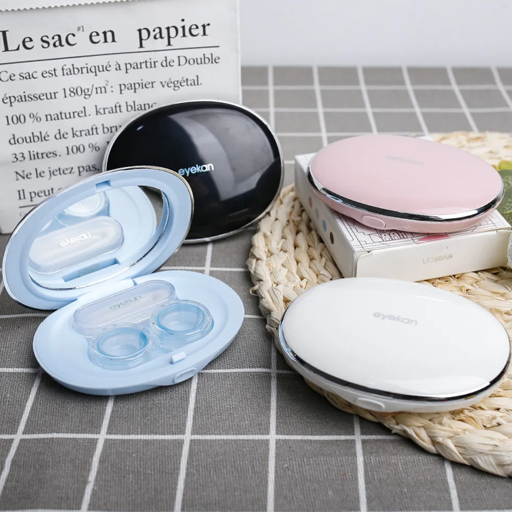 

Oval Contact Lens Case with Mirror Solid Color Portable Compact Powder Box Cosmetic Contact Lenses Storage Case