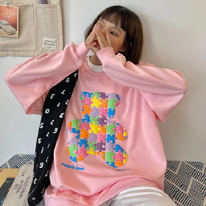 

Design Puzzle Colorful Bear Sweater Women's Loose Korean Style