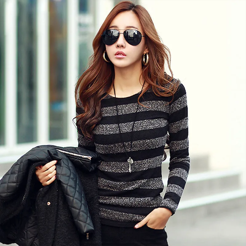 62733 black Корейские модные женские футболки, Осенние Новые поступления, полосатые вязаные топы, одежда с длинным рукавом и круглым вырезом, женские футболки 62733 - Цвет: 62733 black