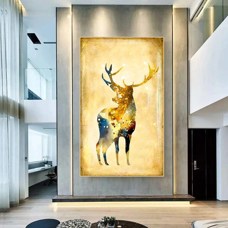 

Modern Gold Elk Deer Oil Painting Animal Canvas Xmas Deer Poster Print Wall Art Picture Living Room Gallery Home Christmas Decor