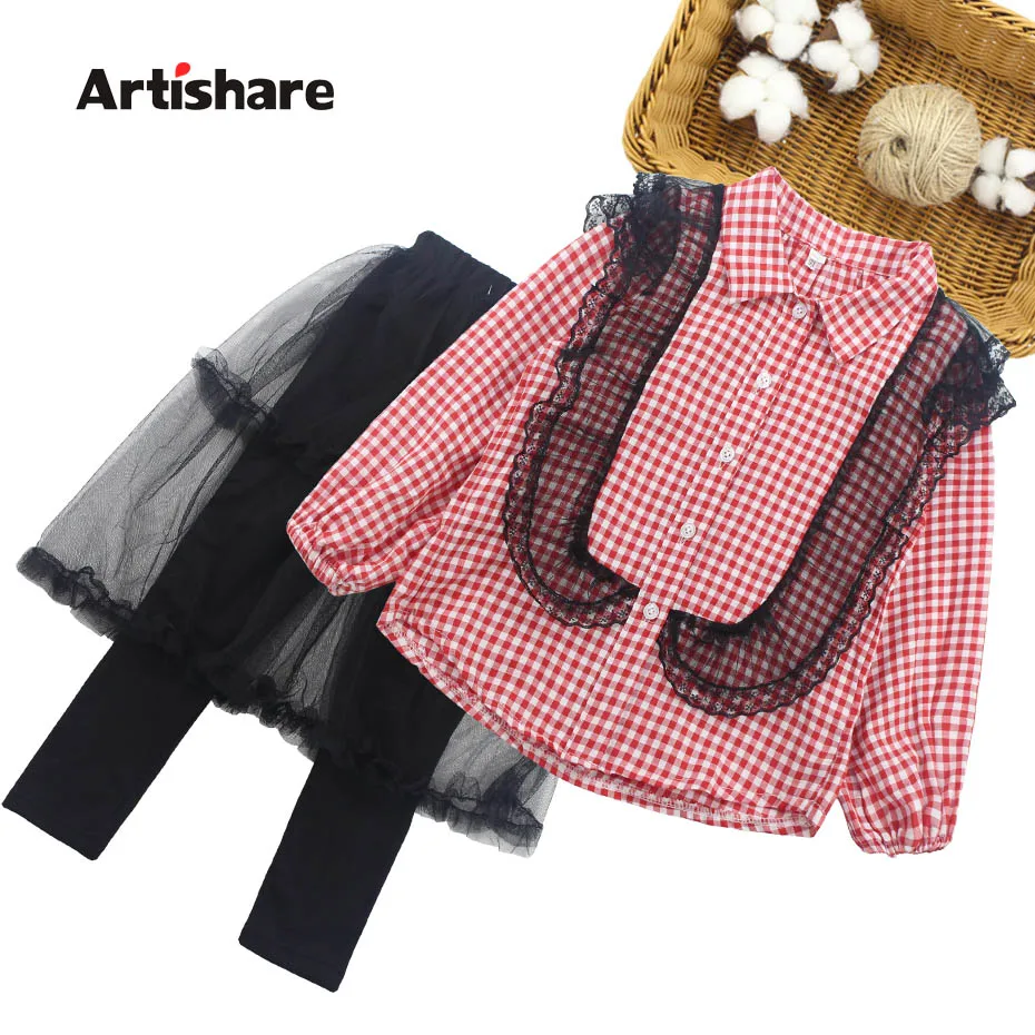 Одежда для девочек Клетчатая блузка с рисунком + сетчатые штаны комплект одежды