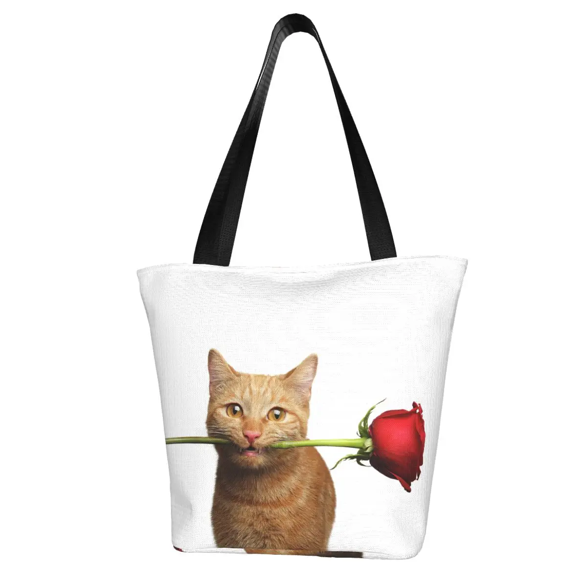 Portrait Of Ginger Cat Brought Rose Shopping Bag Aesthetic Cloth Outdoor Handbag Female Fashion Bags