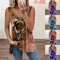 2021 summer new style sleeveless womens v neck zipper rose flower print casual t shirt top vest plus size s 5l
