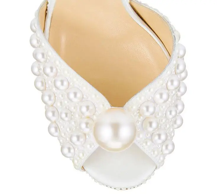 Белые атласные сандалии со всем жемчугом Sacora 100 мм туфли-лодочки с Босоножки