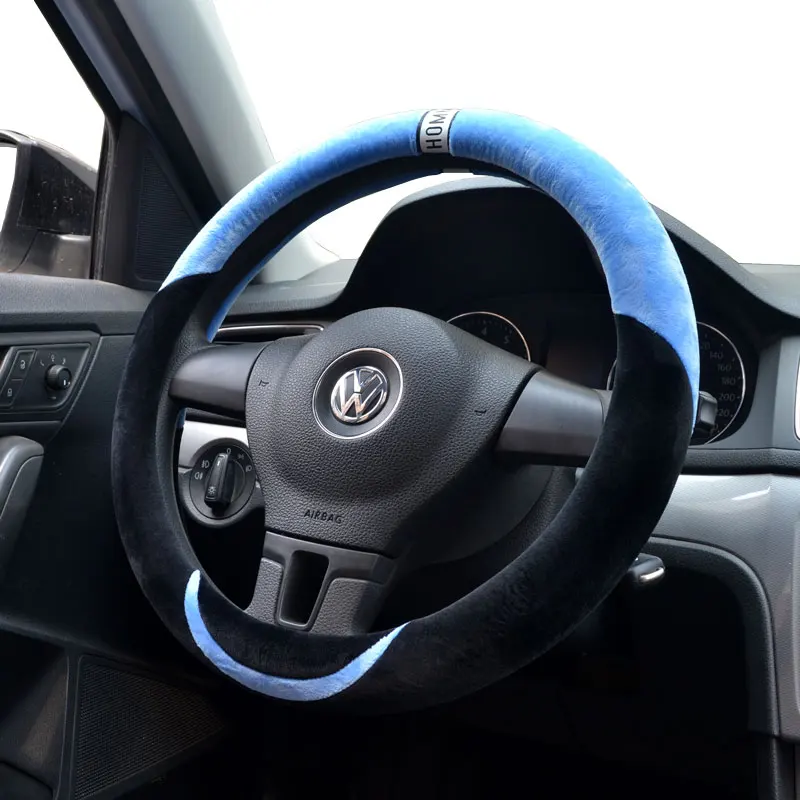 blue 36/40/38 см рулевого колеса автомобиля крышки Розовый Плюшевые Кожаная оплетка на руль автомобиля с иглы и нити аксессуары для интерьера - Название цвета: blue