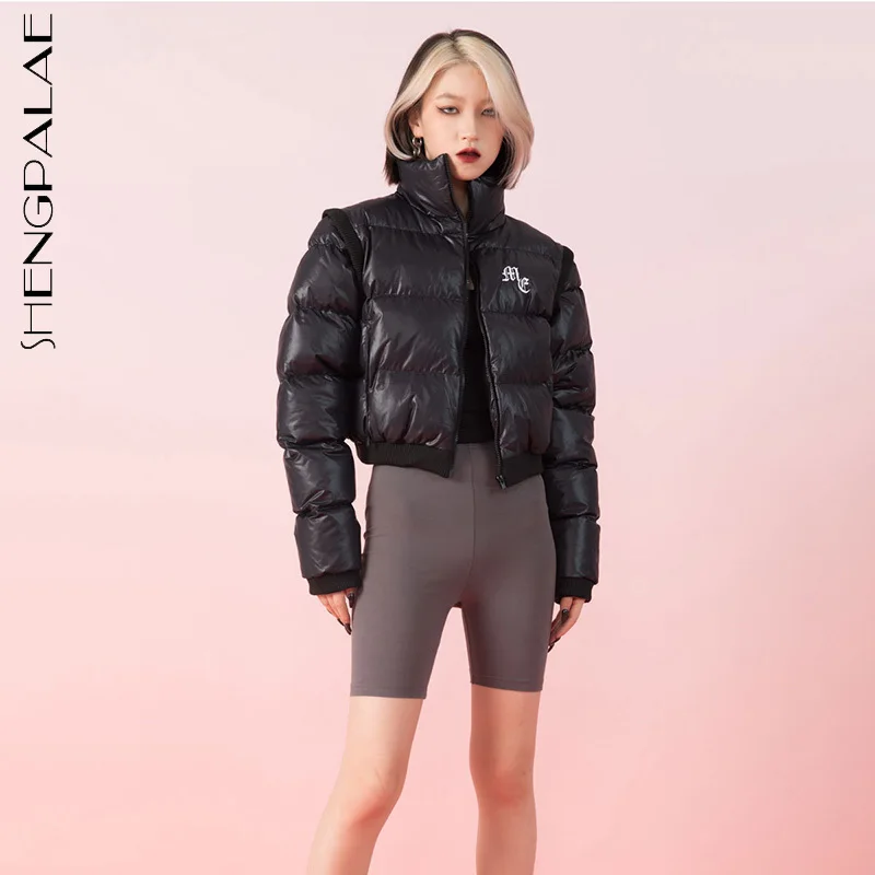 

SHENGPALAE куртка Женская мода сплошной цвет хлопок ватник зима 2021 Новый стоячий воротник свободный длинный рукав короткое пальто съемный