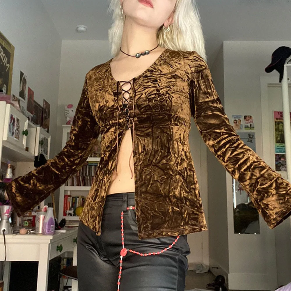 

Женская блузка с длинным рукавом, однотонная блузка на завязках с разрезом и вилкой, с круглым вырезом, в западном стиле, осень 2021