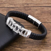 tyo fashion stainless steel magnet black leather men bracelet charm chain jewelry accesssories handmade rock punk bangle gift