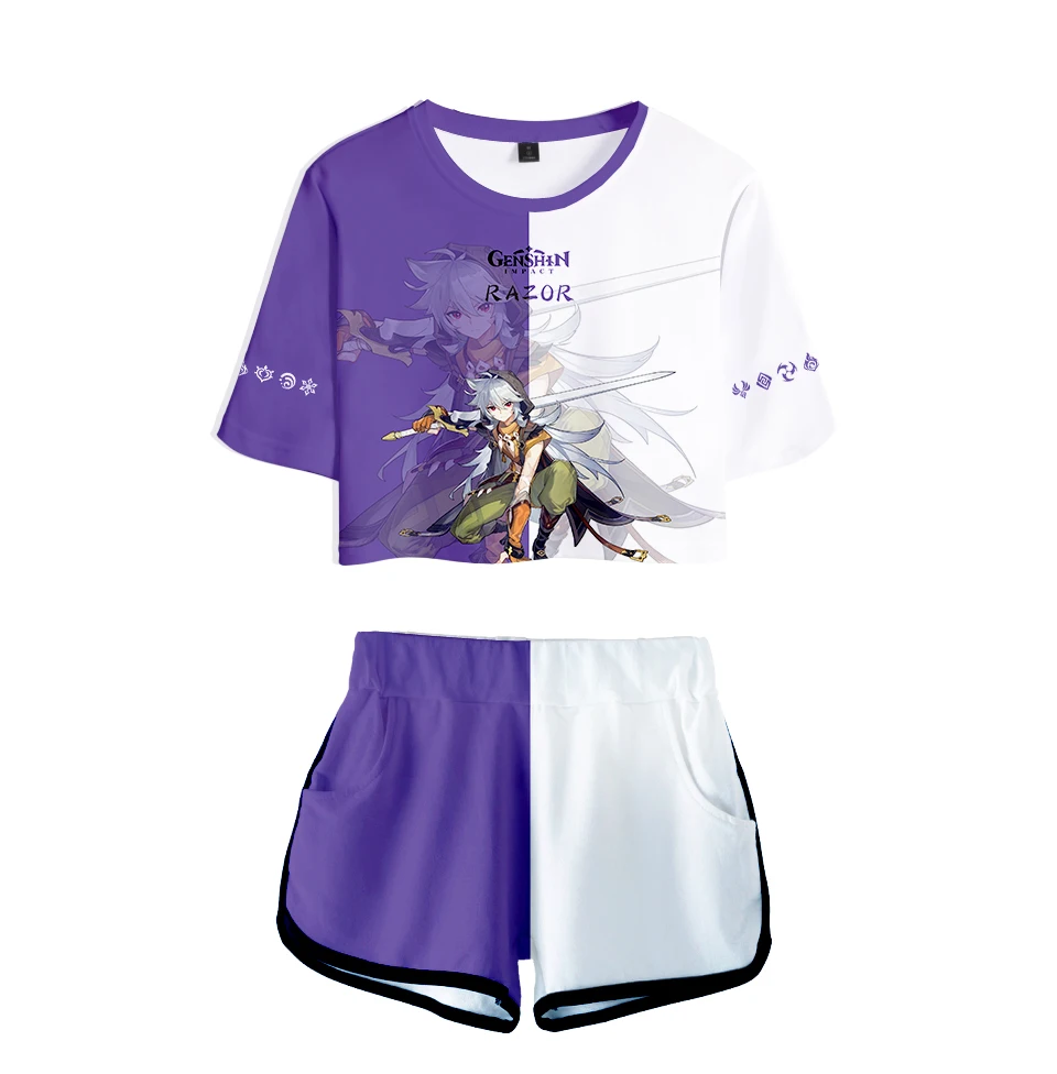 

Cartoon Purpleand White Genshin Impact 3D Print Two Piece Set Cool Women Sexy Shorts+lovely T-shirt Cute Dew navel Sport suits