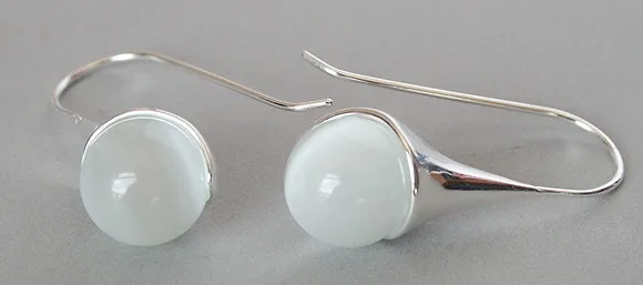 

14mm White Cat's Eye jade Opal 925 Sterling Silver Hook Earring 1 1/2' valentine's Natural bread silver big earrings