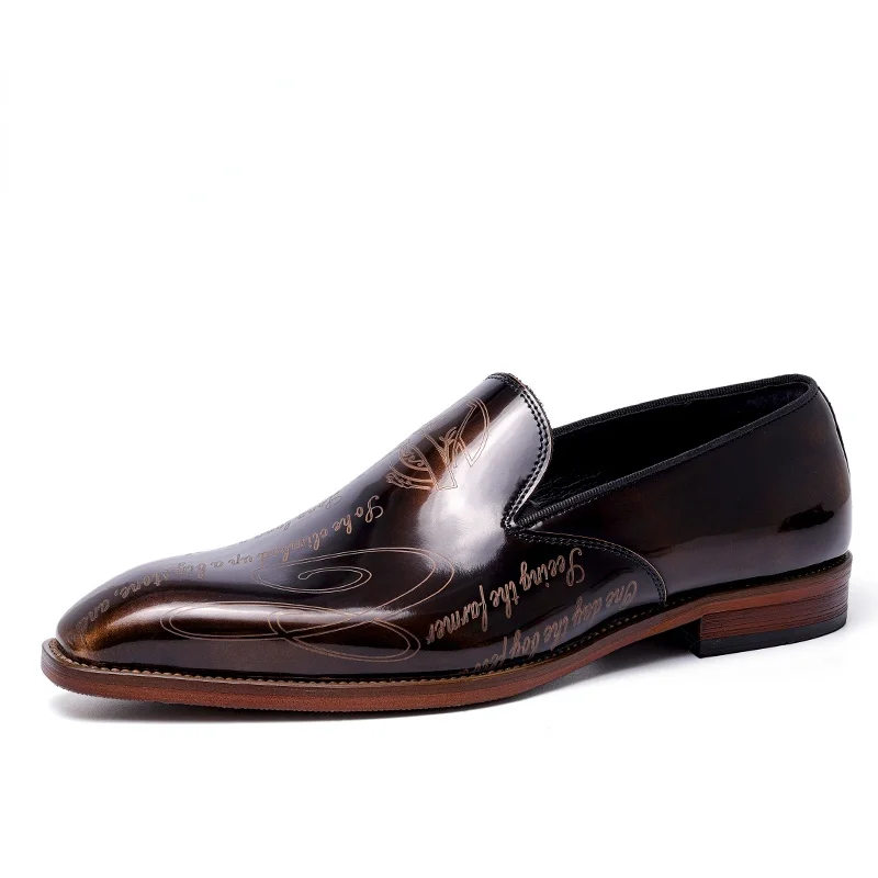 

Men Summer Genuine Leather Shoes Hair Stylist Italian Glossy Patent Open Edge Slip On British Carved Business Casual Loafers
