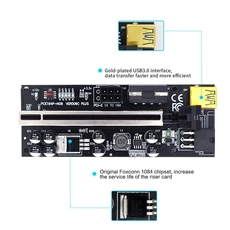 PCI-E 1X до 16X V009S-PLUS карта Удлинительный кабель для видеокарты 6-контактный питания