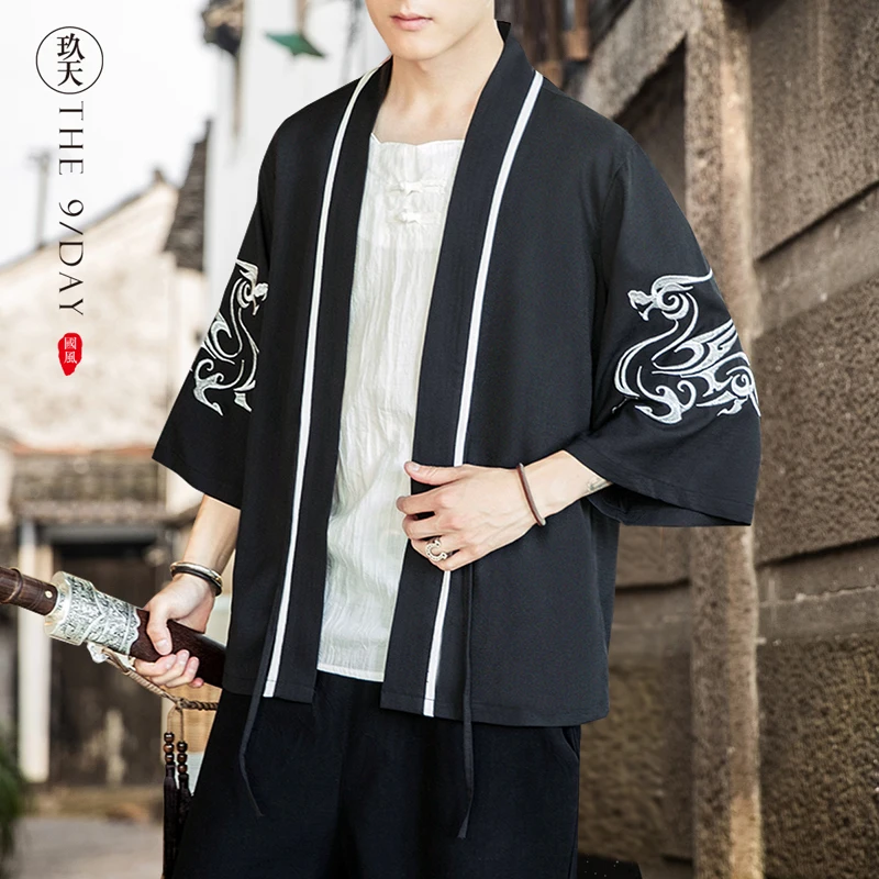 

★Костюм мужской свободный из хлопка и льна, льняная рубашка с вышивкой дракона и китайских ветрозащитных кранов