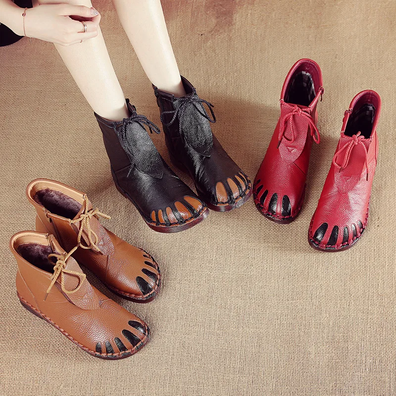 Женские ботинки ручной работы OUKAHUI винтажные мягкие ботильоны из натуральной