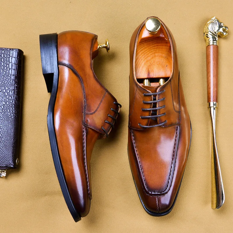 Мужская Деловое платье черного/коричневого цвета кожаная обувь на шнуровке